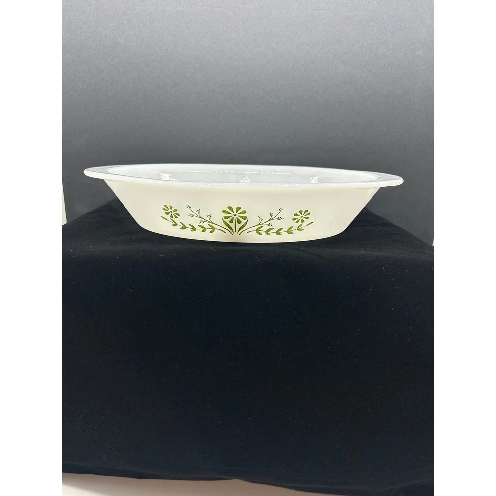 Glasbake J2352 Milk Glass Divided Serving Dish Green Floral Vine Oval Vintage